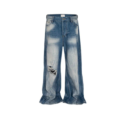 Wide Leg Ripped Blue Jeans - Brushed White Ripped Distressed Frayed Style