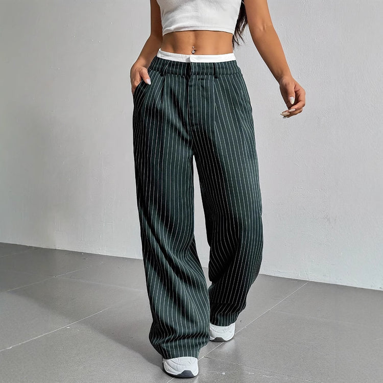 Stripe Printed Trousers Fashion High Waist Straight Leg Pants With Pocket Zipper Casual Suit Pants For Women - Florence Luxe