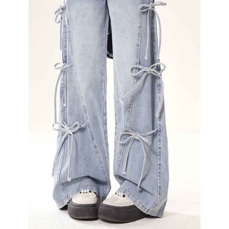 Bow Bandage Jeans for Women Loose-Fitting Wide-Leg Trousers Stylish and Comfortable