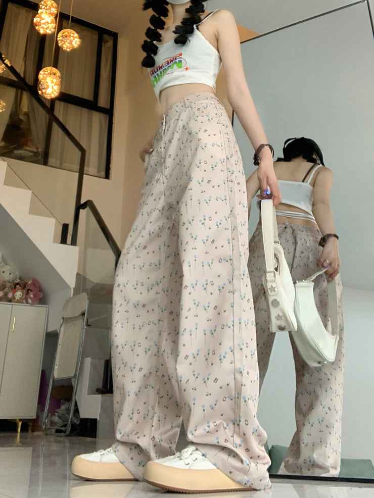 Fashion American Hong Kong Floral Jeans for Women - Stylish Wide Leg Design for Comfort and Versatility