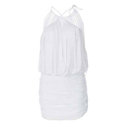 Off-the-Shoulder Rhinestone Dress with Mesh Ruffles for Women - Florence Luxe