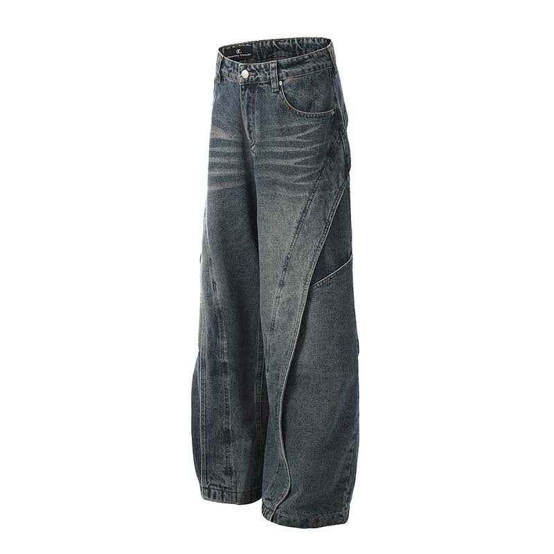 American Retro Wide Leg Jeans Men - Heavy Industry Deconstruction Stitching