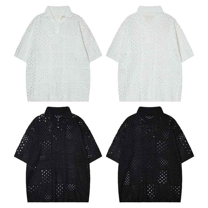 Solid Color Hollow High Sense Polo Shirt - Short-sleeved Knitting Design