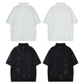 Solid Color Hollow High Sense Polo Shirt - Short-sleeved Knitting Design