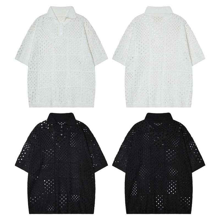 Solid Color Hollow High Sense Polo Shirt - Short-sleeved Knitting Design