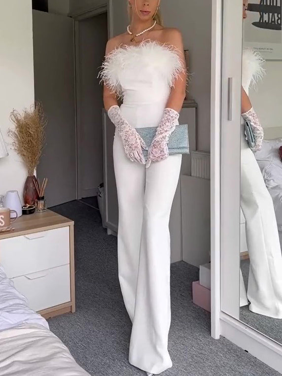 Elegant White Off-Shoulder Jumpsuit with Feather Accents - Florence Luxe