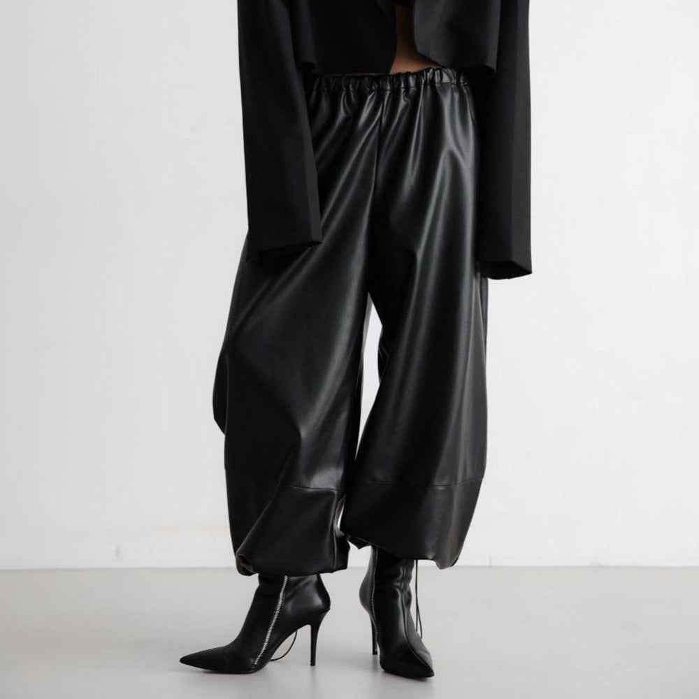 Leather Ankle-Tied Bloomers Loose PU Leather Pants Trousers