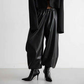 Leather Ankle-Tied Bloomers Loose PU Leather Pants Trousers