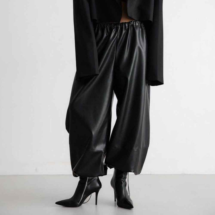 Leather Ankle-Tied Bloomers Loose PU Leather Pants Trousers