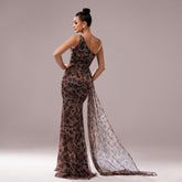 One-Shoulder Leopard Sequined Evening Dress with Diagonal Collar - Florence Luxe