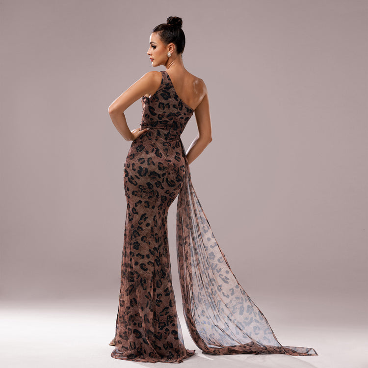 One-Shoulder Leopard Sequined Evening Dress with Diagonal Collar - Florence Luxe