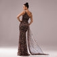 One-Shoulder Leopard Sequined Evening Dress with Diagonal Collar - Florence Luxe
