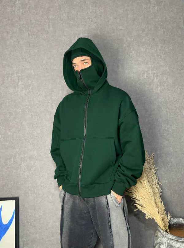 Double-layer Masked Hooded Loose Zip Men&