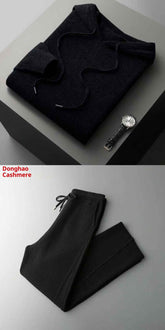 Seamless Wool Hoodie and Pants Set for Men - Pure Wool Knitted Two-Piece Set with Drawstring