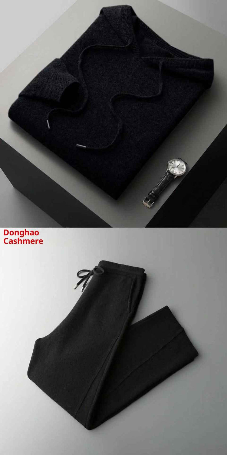 Seamless Wool Hoodie and Pants Set for Men - Pure Wool Knitted Two-Piece Set with Drawstring