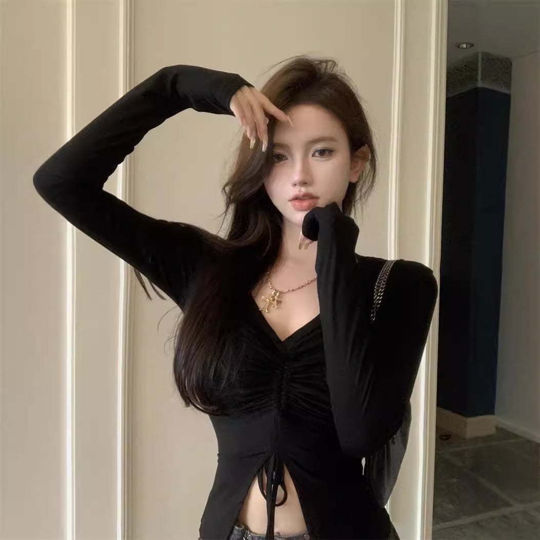 Split Hem Fitted Long Sleeve T-Shirt with Drawstring Waist Design - Florence Luxe