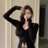 Split Hem Fitted Long Sleeve T-Shirt with Drawstring Waist Design - Florence Luxe