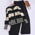 Korean Style Striped Cardigan Pants Suit - Youthful V-neck Knitted Two-Piece Fashion Set