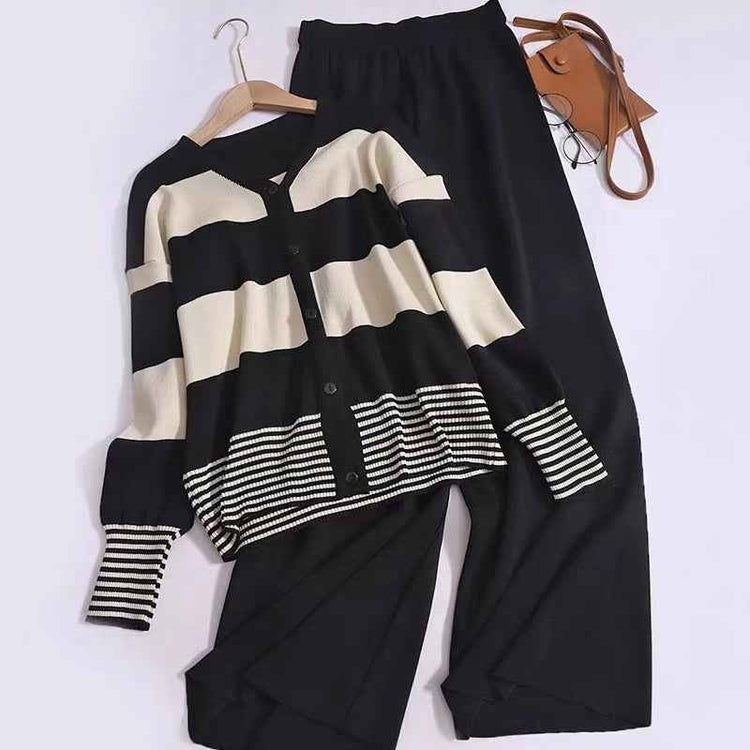 Korean Style Striped Cardigan Pants Suit - Youthful V-neck Knitted Two-Piece Fashion Set