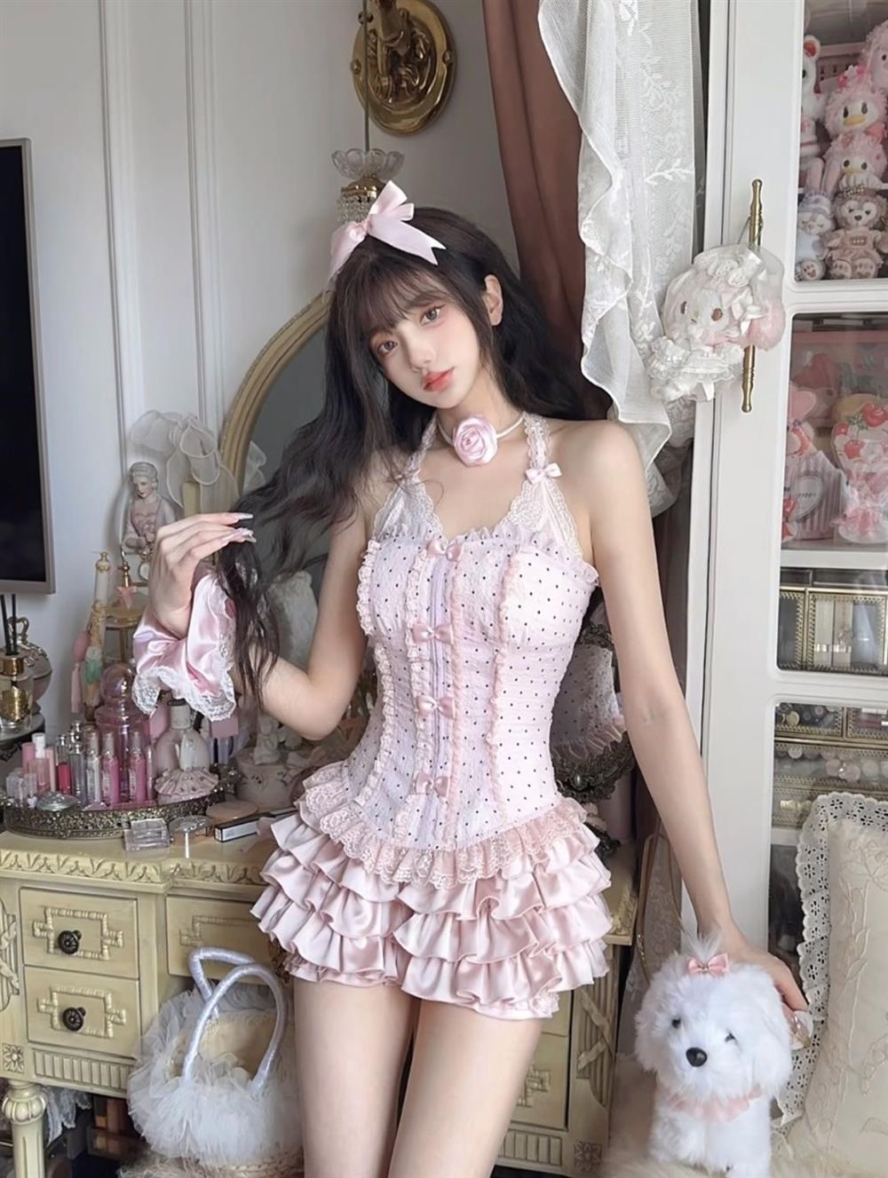 Bow Lace Halter Outfit with Multi-layer Puffy Skirt - Florence Luxe