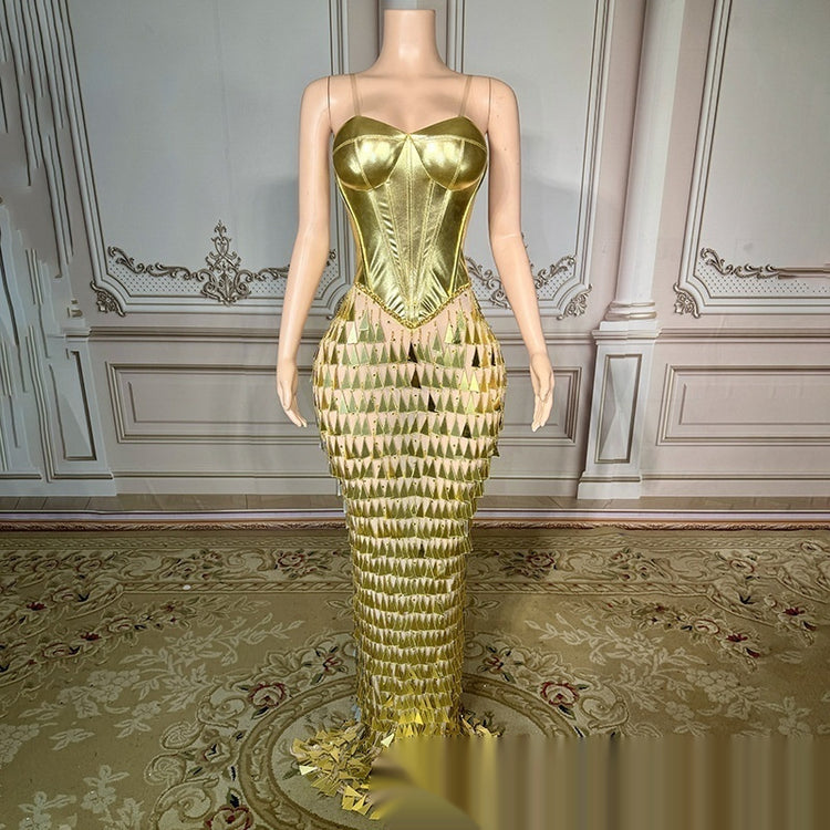 Golden Mermaid Formal Dress with Bright Surface Bandage Design and Slimming Waist - Florence Luxe