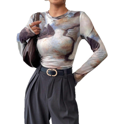 Ink-wash Retro Print Top for Women - Stylish Slim-fit Versatile Design