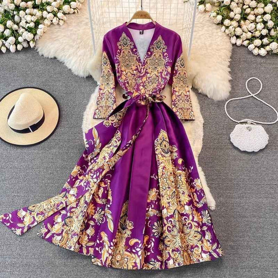Court Vintage Printing Wide Hem Long Sleeve Dress - Perfect Vintage Long Sleeve Dress for Your Wardrobe