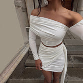 New Oblique Shoulder Long-sleeved Outfit with Slim-fit Pleated Ribbon Hip-wrapped Skirt - Florence Luxe