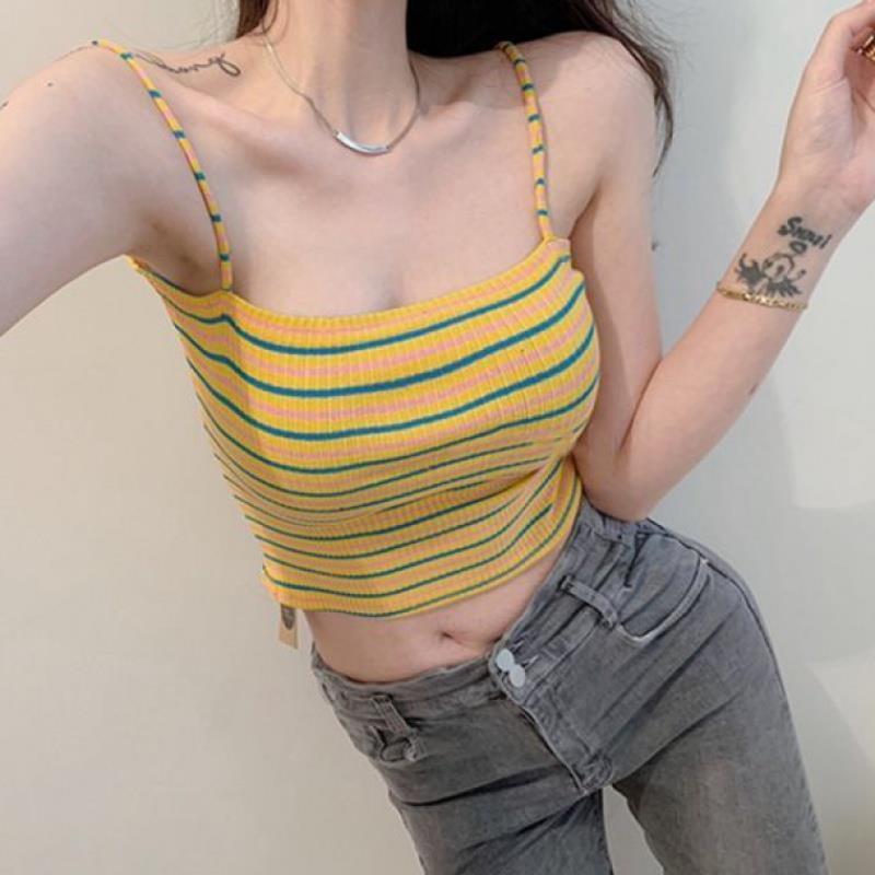 Korean Style Short Western Style Slim Fit Striped Bottoming Shirt in yellow and green stripes, perfect for casual fashion.