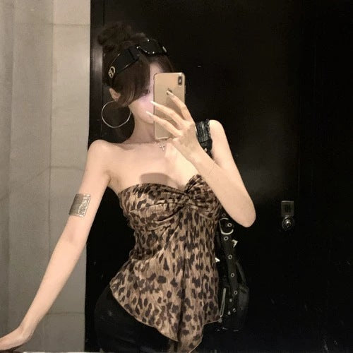 Sexy Leopard Print Back Twist Tube Top Vest