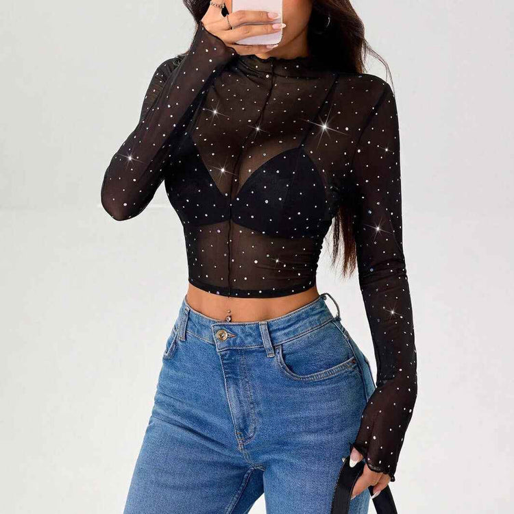 Stand-up Collar Long-sleeved Mesh Decorative T-shirt Top