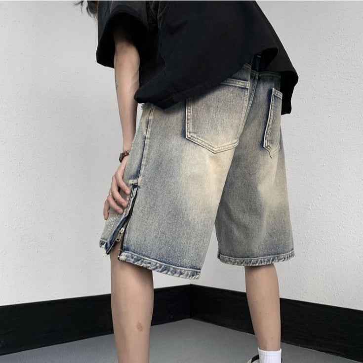 American Retro Denim Shorts Wide Leg Tattered Jeans