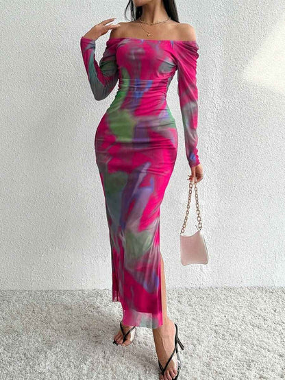 Printed Pleated Sexy Dress with Tight Fit and Split Square Collar