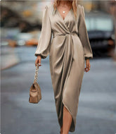 Temperament Pure Color Waist-tight Split V-neck Dress Women - Florence Luxe