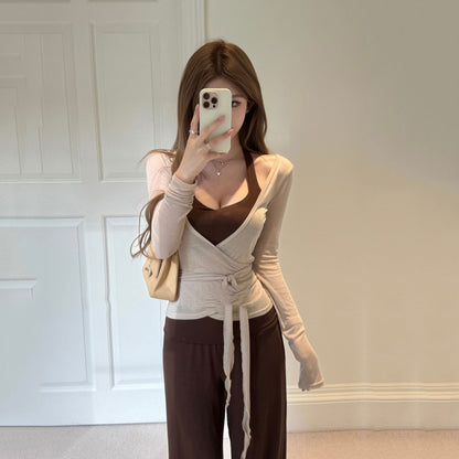 Ladies Cardigan Tank Top Set with Wide-Leg Pants - Elegant Three-Piece Outfit