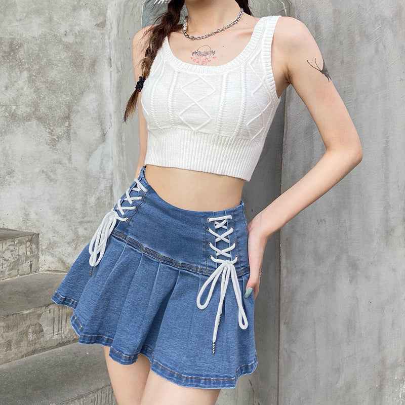 Net Red Hot Girl Lace Slim Denim High Waist Pleated Skirt Female