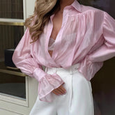 Ins French Lantern Sleeve Shirt Fashion Button Lapel Long Sleeved Tops Casual Women&