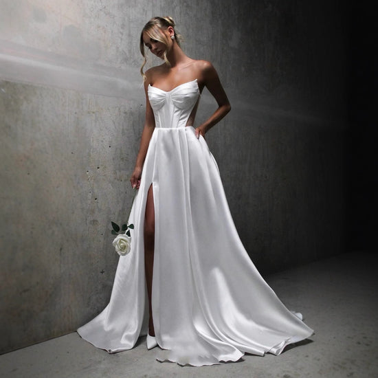 White Satin Bandage Wedding Dress with Slit Pocket