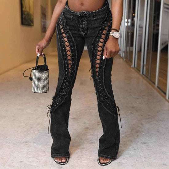 Slim Frayed Lace-up Jeans for Women - Stretch All-matching New Fit