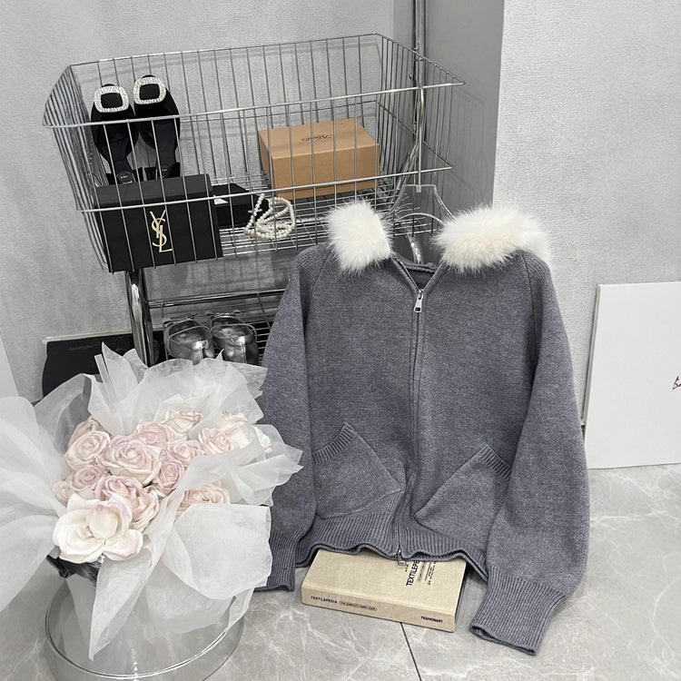 Thickened Hooded Large Fur Collar Knitted Women&
