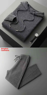Seamless Wool Hoodie and Pants Set for Men - Pure Wool Knitted Two-Piece Set with Drawstring