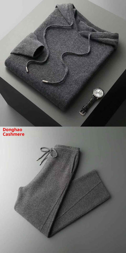 Seamless Wool Hoodie and Pants Set for Men - Pure Wool Knitted Two-Piece Set with Drawstring