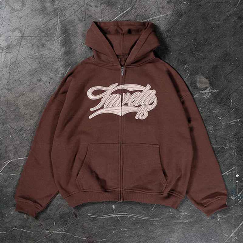 American Retro Hooded Zip-up Sweater with Unique Print