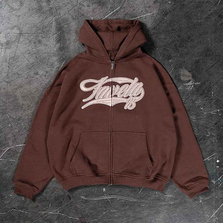 American Retro Hooded Zip-up Sweater with Unique Print