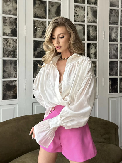 Ins French Lantern Sleeve Shirt Fashion Button Lapel Long Sleeved Tops Casual Women&