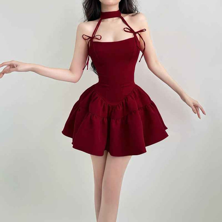 Retro Red Bow Bandage Halter Dress