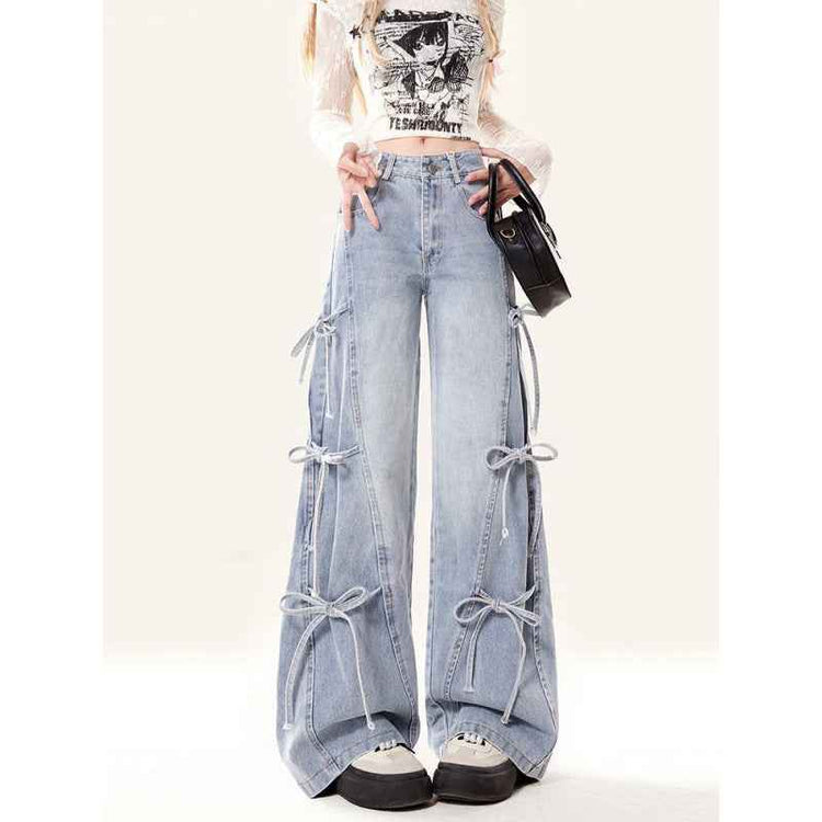 Bow Bandage Jeans for Women Loose-Fitting Wide-Leg Trousers Stylish and Comfortable