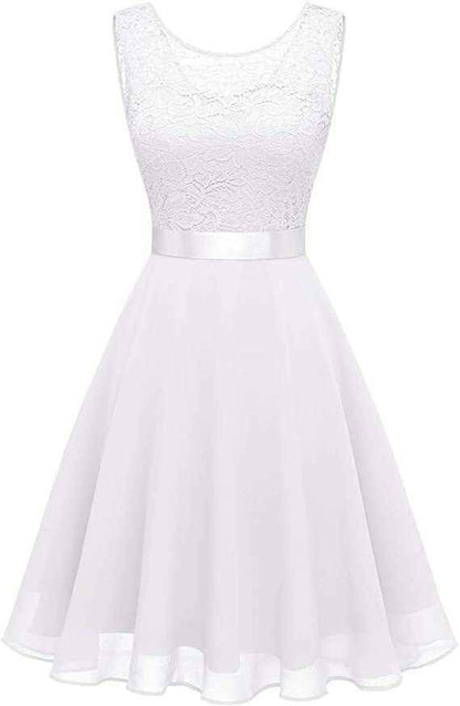 European And American Hollow Waist Solid Color Dress - Sleeveless Lace Hepburn Style