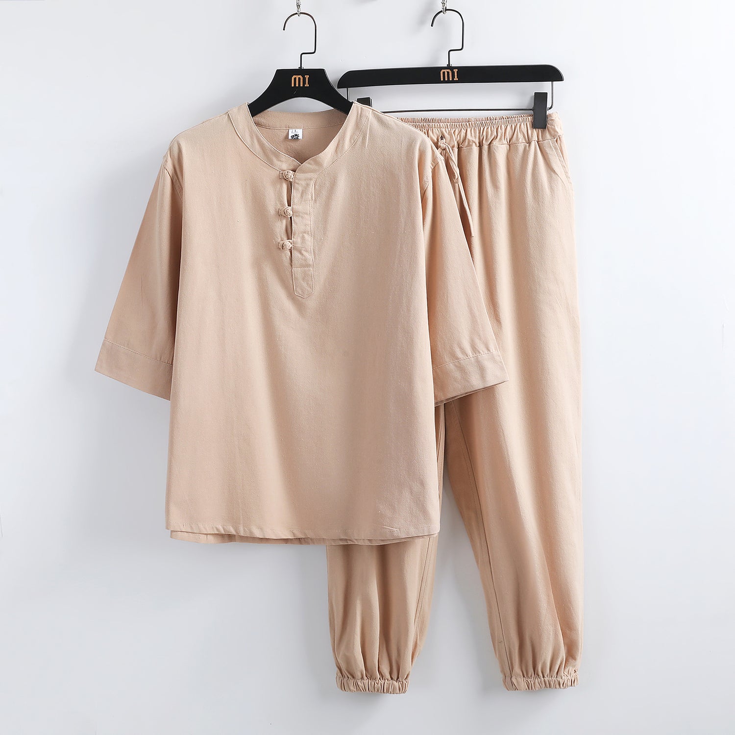 Linen Short Sleeve Suit Buckle Half Buddhist set - Florence Luxe