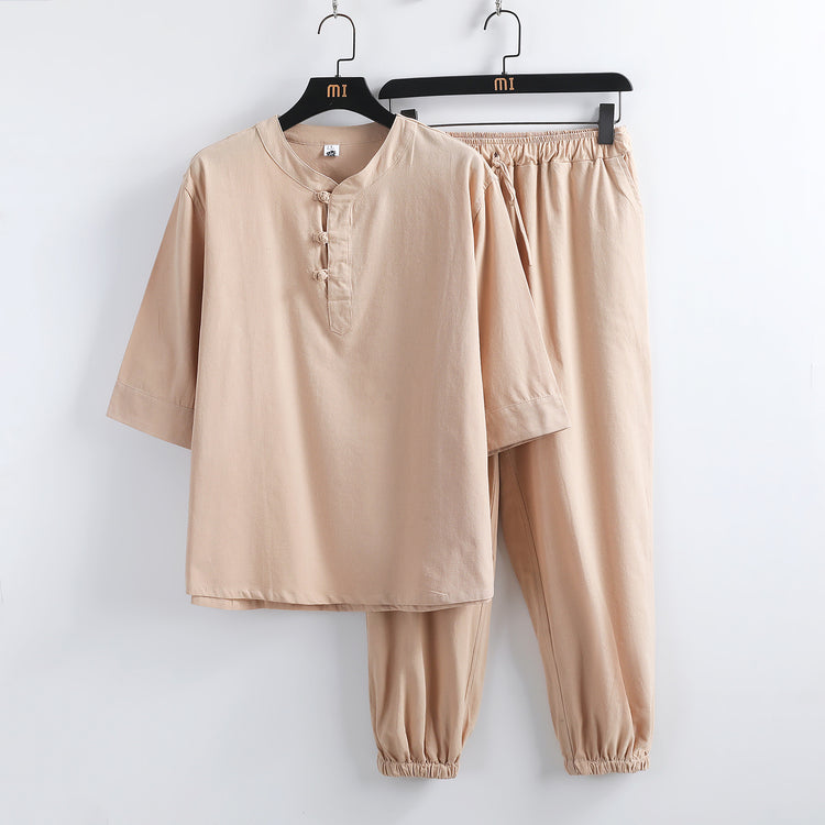 Linen Short Sleeve Suit Buckle Half Buddhist set - Florence Luxe